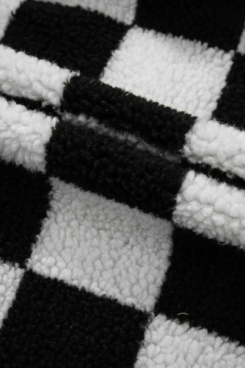 Black Checkered Side Pockets Collared Buttoned Fleece Jacket - Love Salve